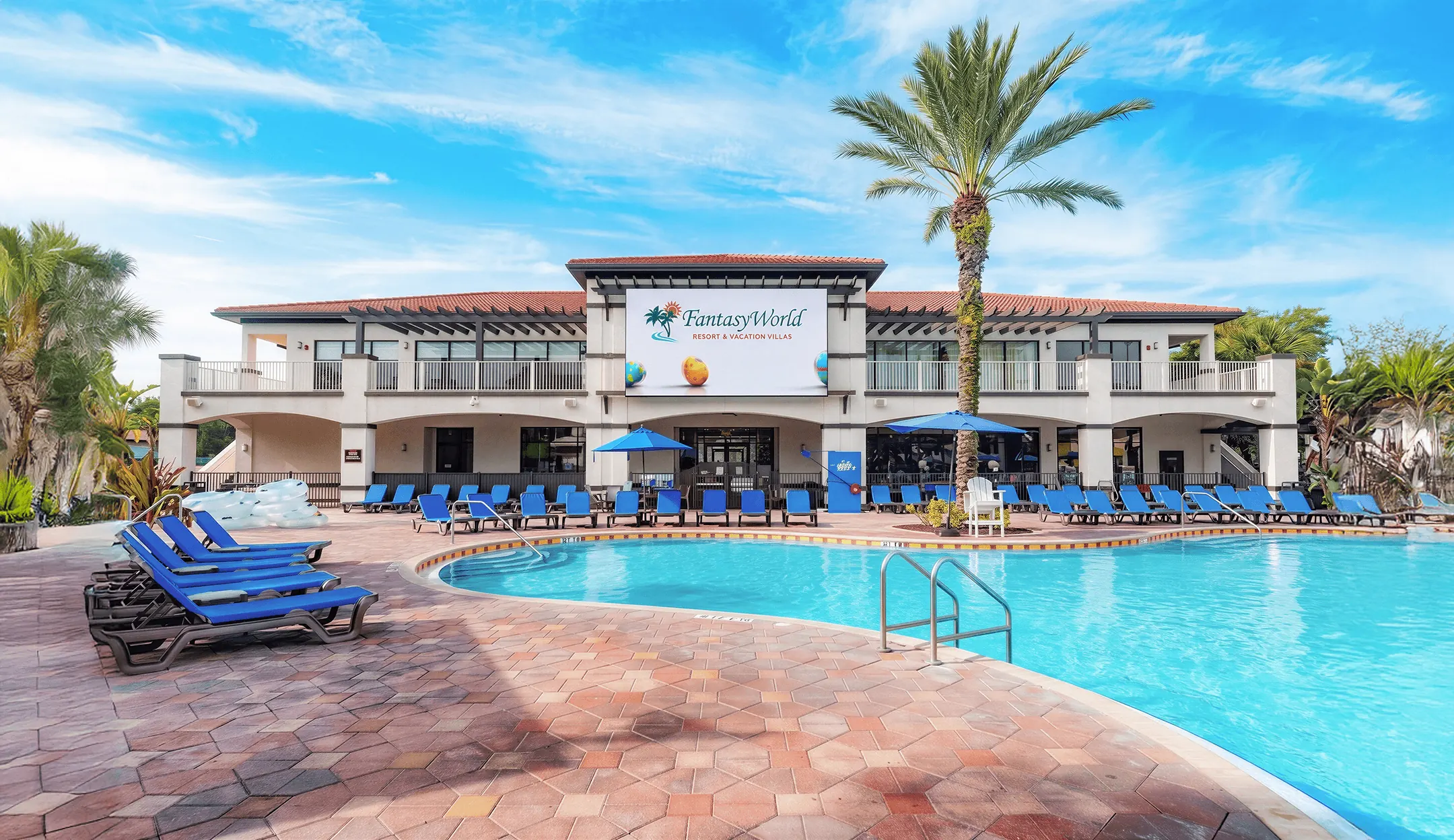 Resort activity center building overlooking the main pool