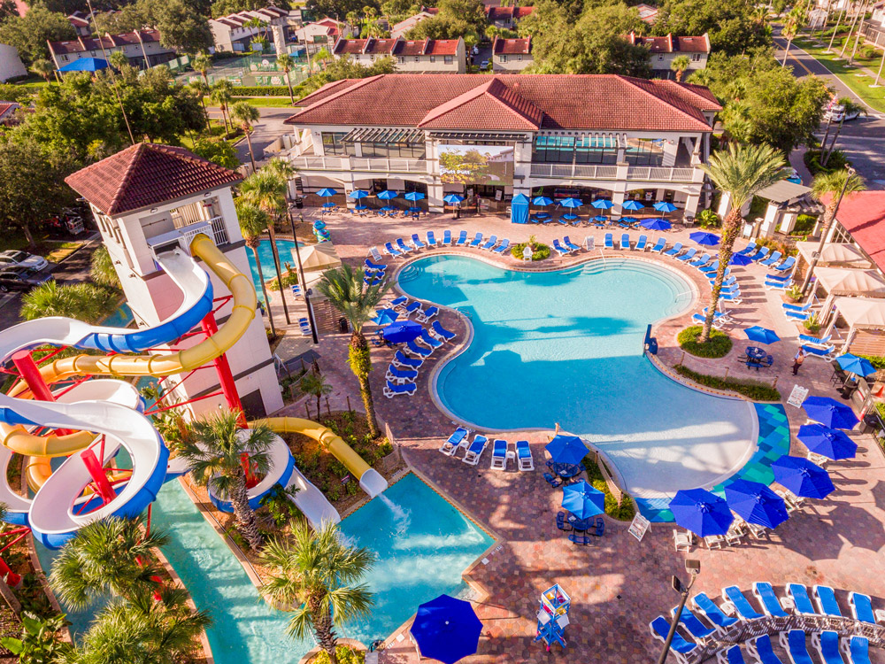 Poolside Jumbotron entertainment at FantasyWorld Resort