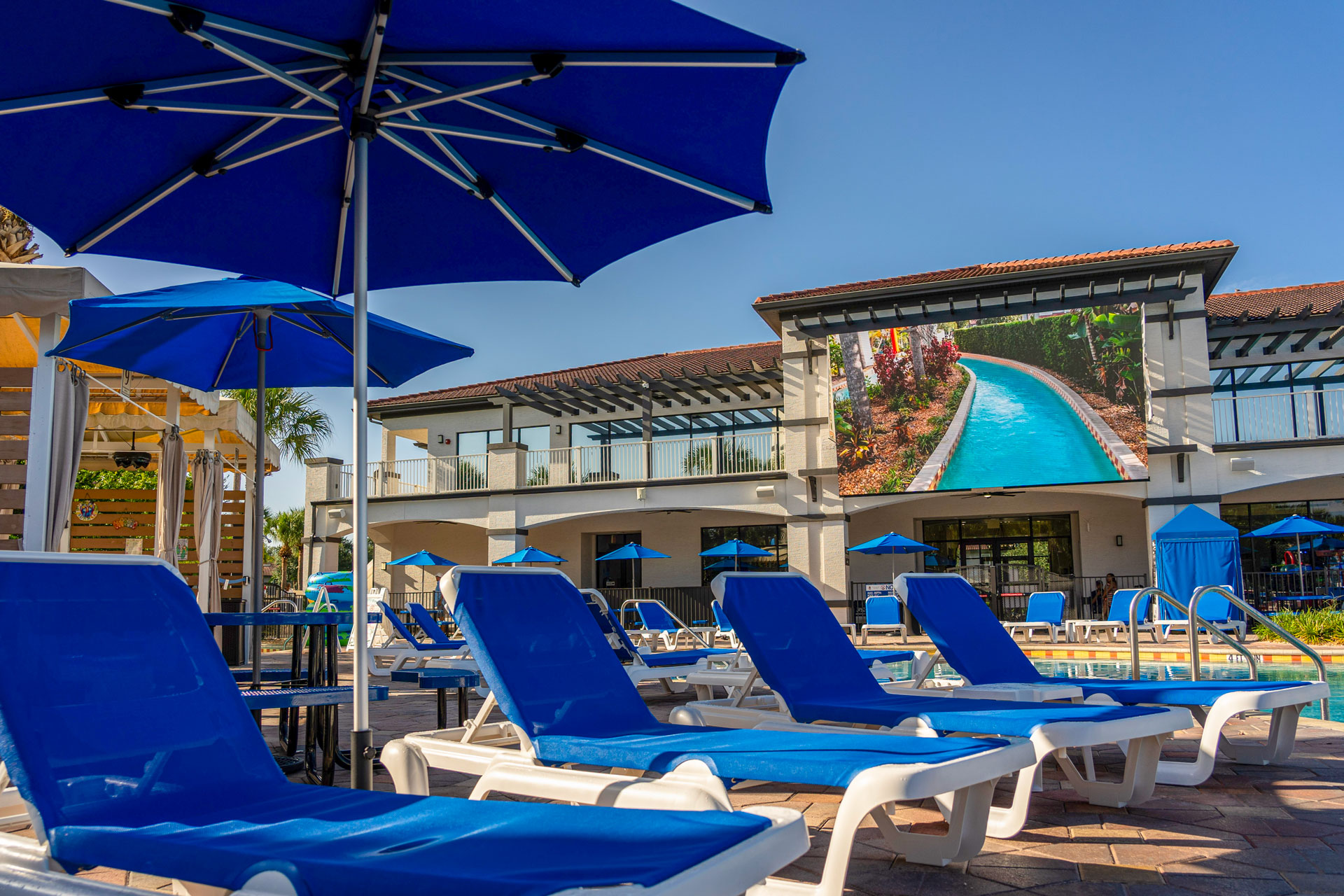 Poolside Jumbotron and resort amenities at FantasyWorld